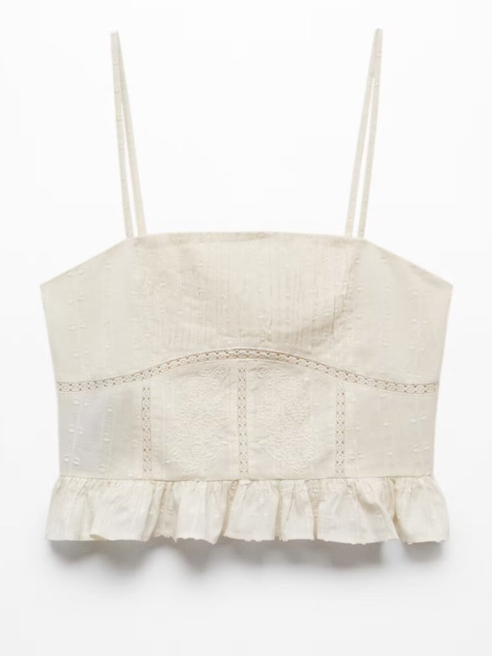 Mango Off White Ruffled Smocked Peplum Embroidered Tank Top Size Medium